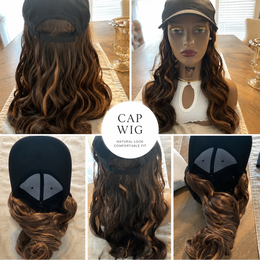 Synthetic Wig Hat Cap – Copper Brown & Blonde Highlights